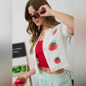 White Cardigan with Red Tomato Design